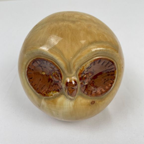 Vintage MCM Pottery Owl Round Big Eyes Tan Brown Glaze 4" - Picture 6 of 7